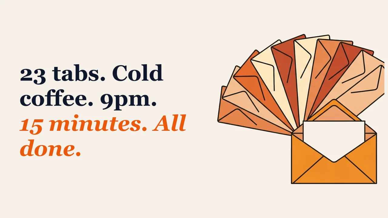 Illustration for: 23 tabs. Cold coffee. 9pm. 15 minutes. All done.
