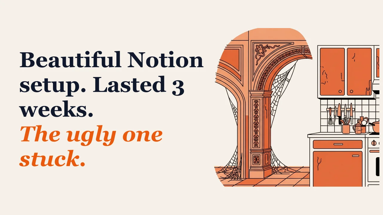 Illustration for: Beautiful Notion setup. Lasted 3 weeks. The ugly one stuck.