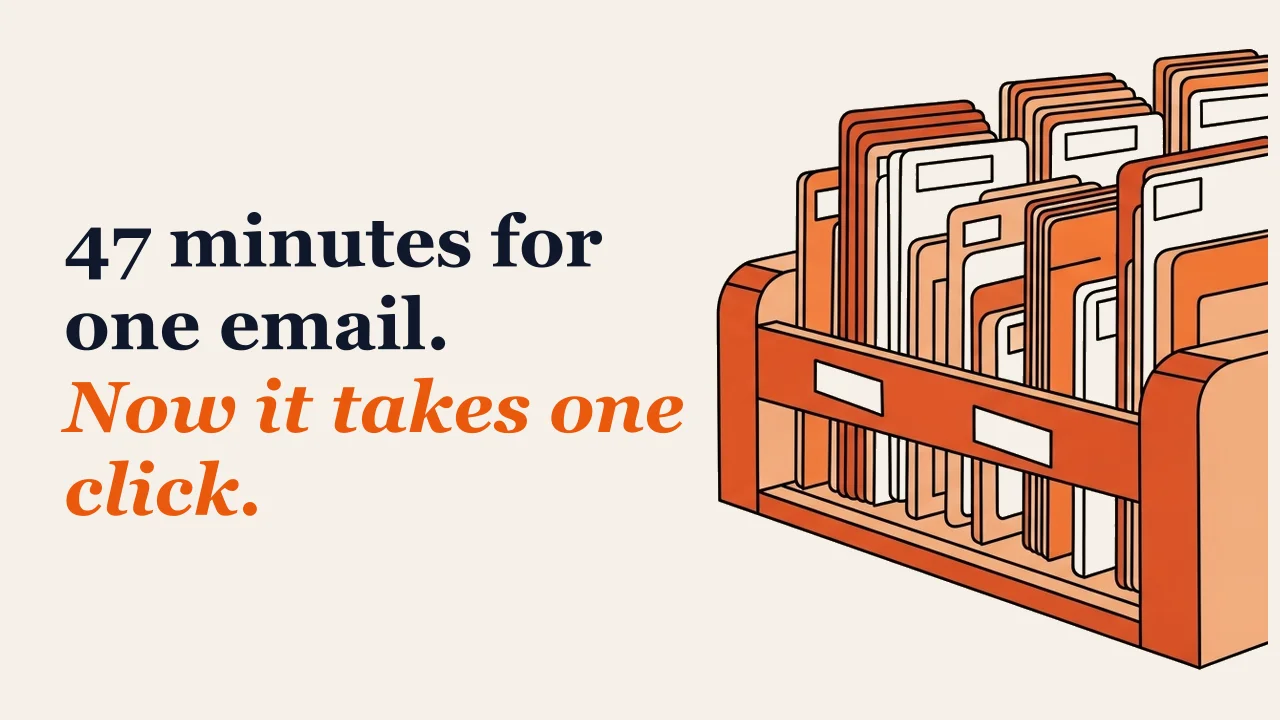 Illustration for: 47 minutes for one email. Now it takes one click.