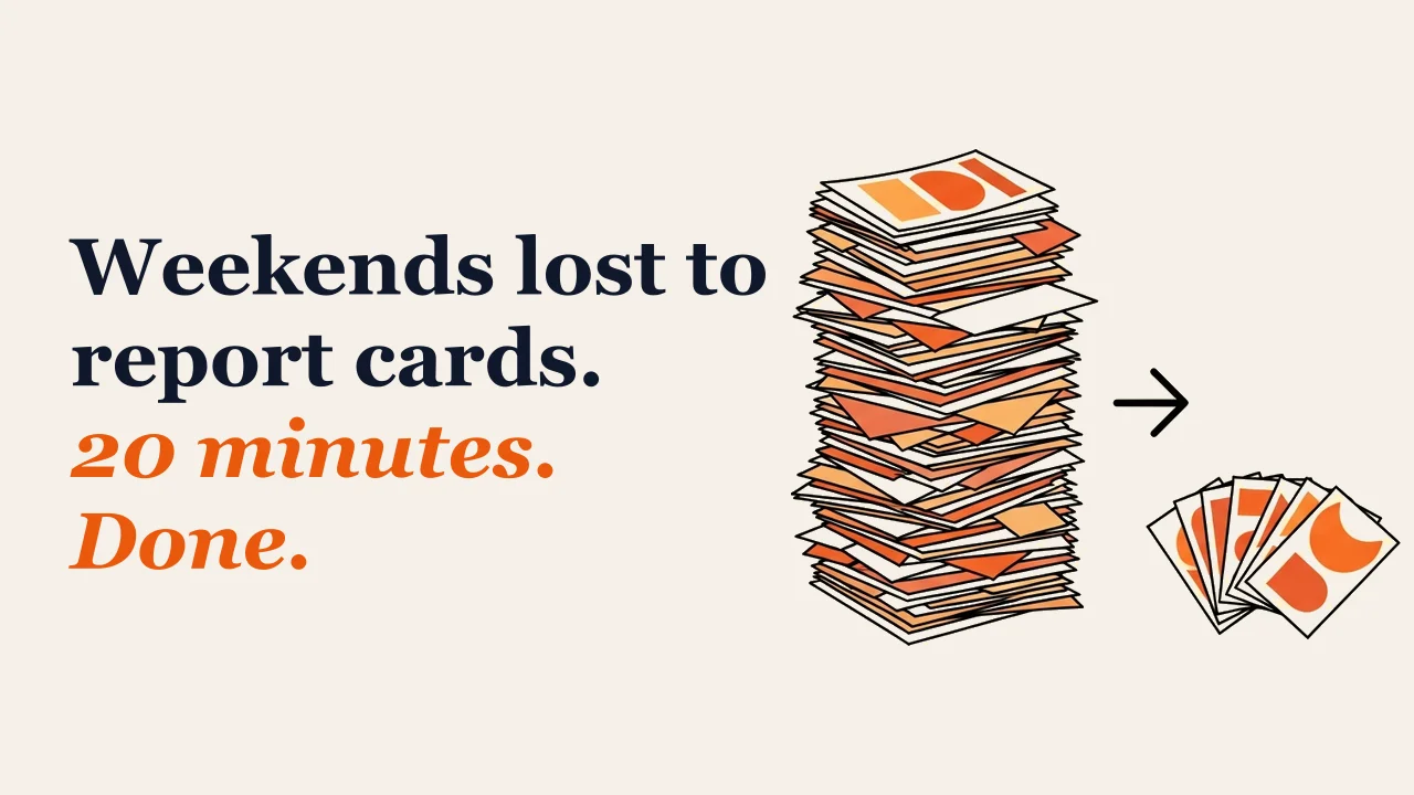 Illustration for: Weekends lost to report cards. 20 minutes. Done.