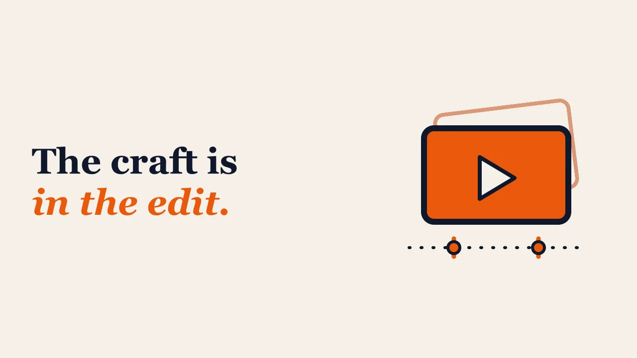 Warm editorial illustration of a video frame with a play button and an editorial cut line beneath it.