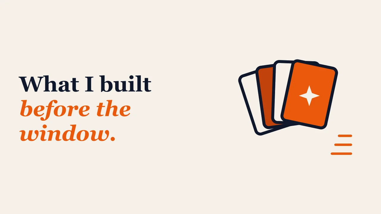 Warm editorial illustration of a fan of built project cards beside a small closing-window motif.