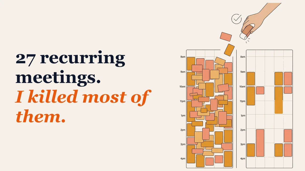 Illustration of a crowded calendar being cleared — 27 recurring meetings reduced to essentials