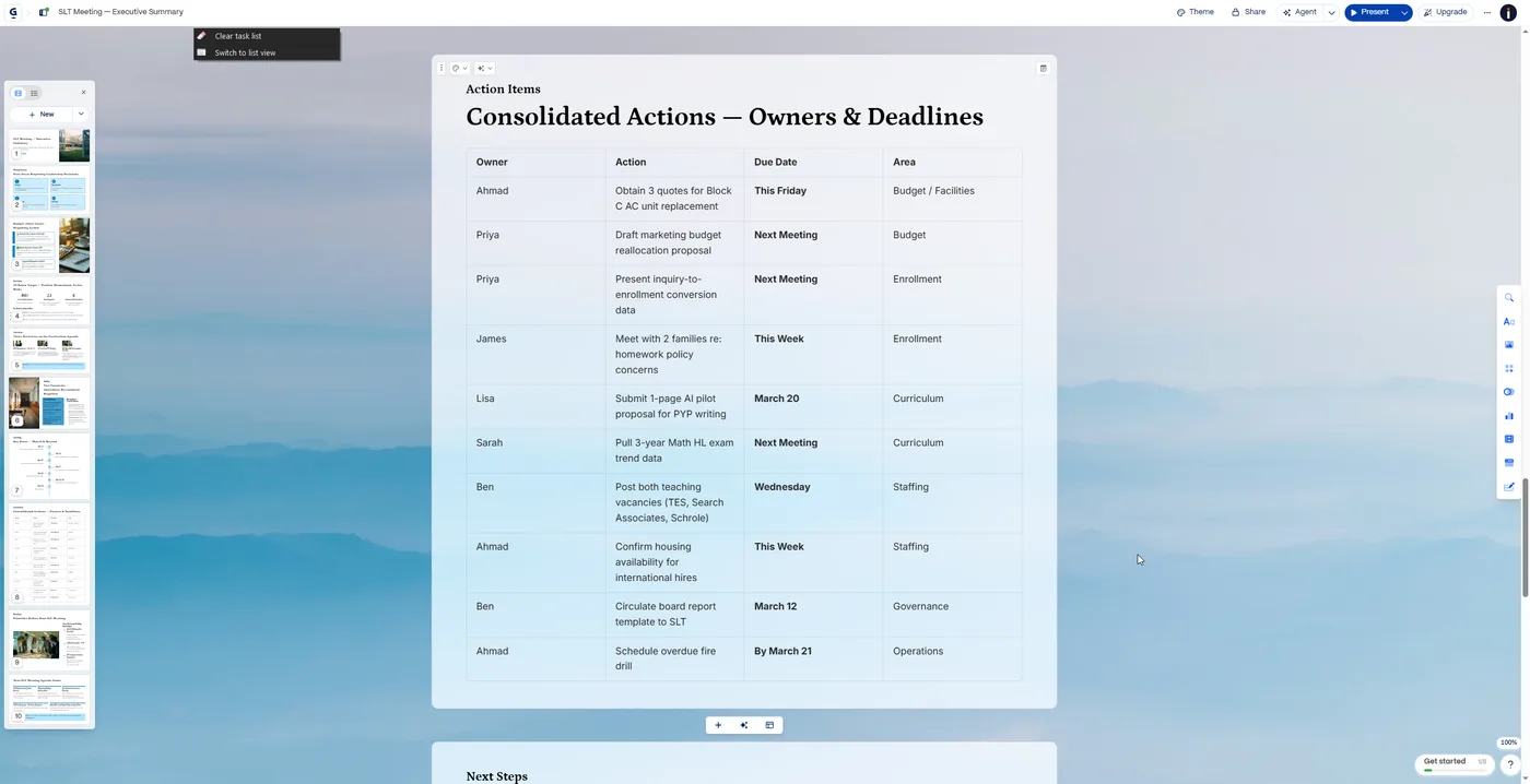 Consolidated action items with owners and deadlines